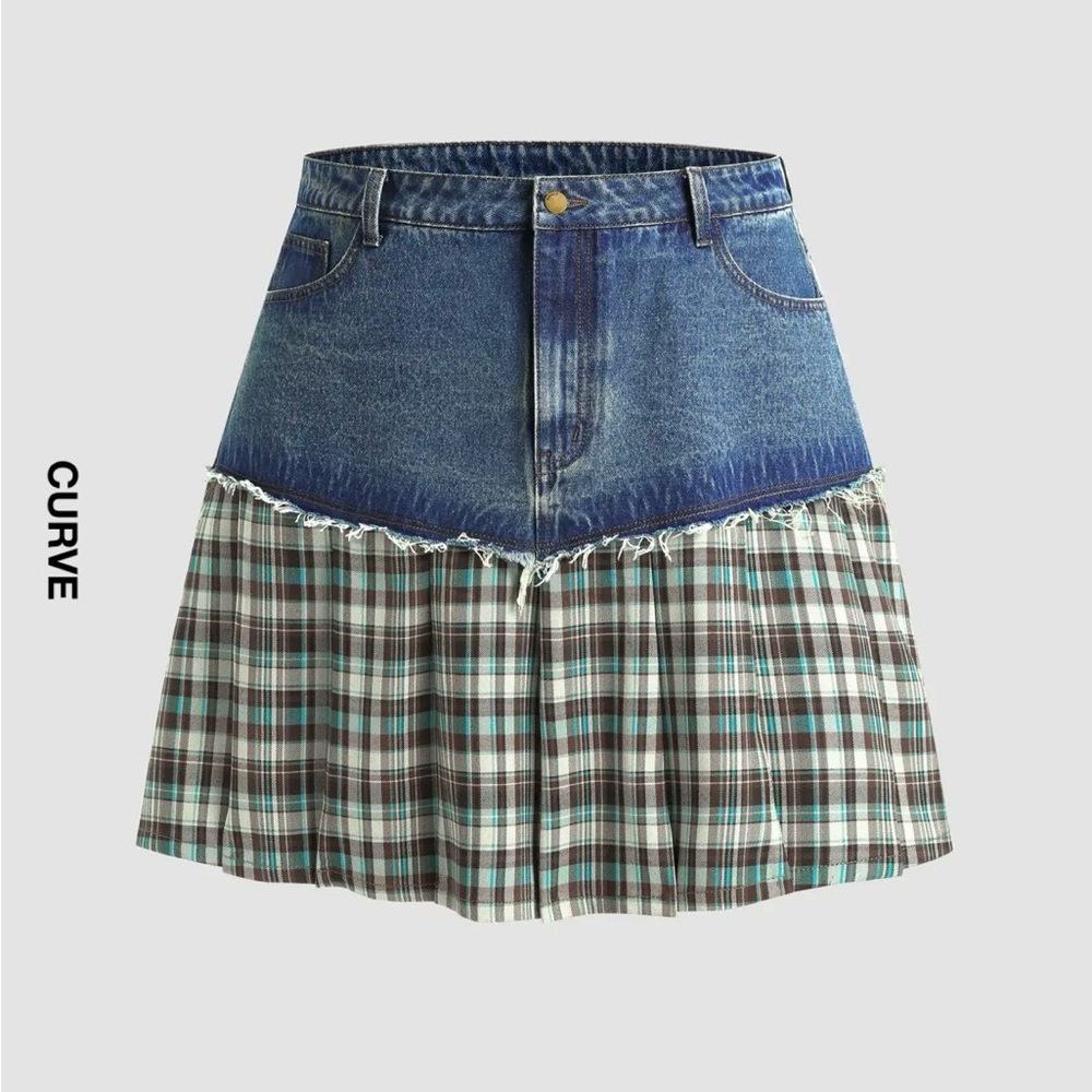 Cider Curve Plus size Mid Waist Check Patchy Pleated Skirt